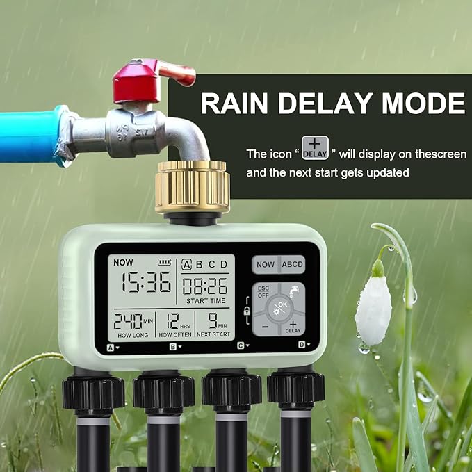 Watering Timer 4 Zone with with Brass Inlet, Sprinkler Timer, Programmable Garden Outdoor Hose Faucet Timers with Rain Delay/Manual/Automatic Watering System,Water Hose Irrigation Timers 4 Outlet