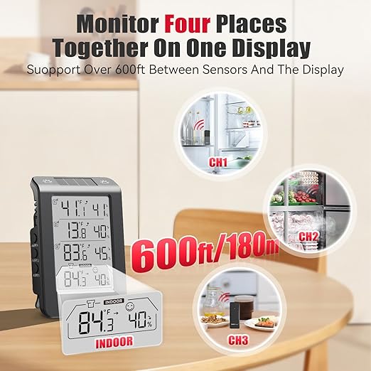 Wireless Freezer Monitor with 3 Sensors, 328ft Long Range Digital Refrigerator Thermometer with Min/Max Temp and Smart Adjustable Backlight, for Home, Garage & Breast Milk, Black