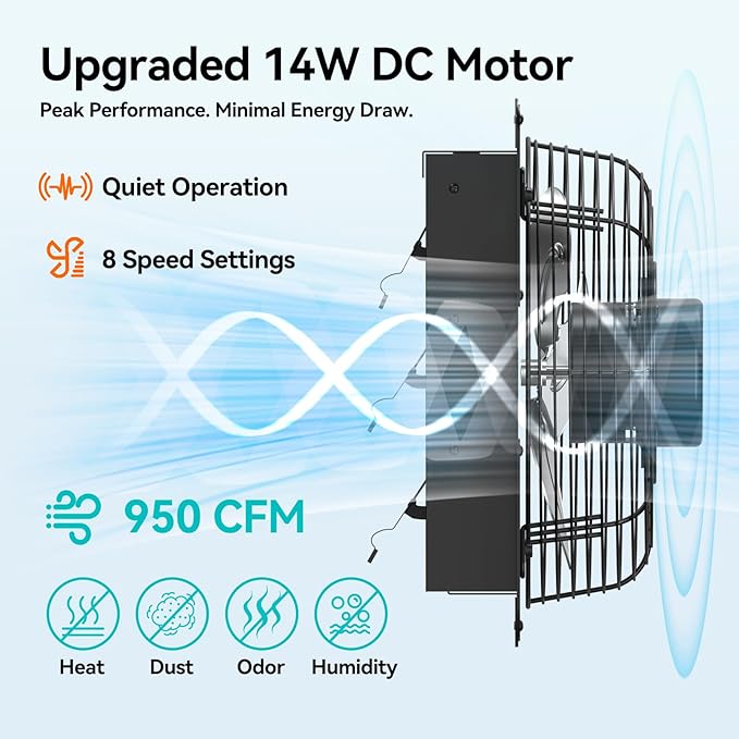 addlon 10 Inch Shutter Exhaust Fan Wall Mounted with EC Motors and Remote Control, Timer, 8 Speeds, 850CFM, Low Noise, Easy to Install, Plug in Ventilation Fan for Garages, Shops, Greenhouse, Attic