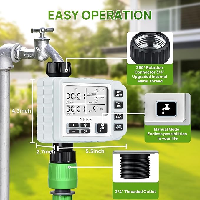 NBBX Sprinkler Timer for Garden Hose - Smart Water System with Rain Delay, Manual & Automatic Modes, IP54 Waterproof, Easy-Install Outdoor Faucet Timer for Lawn & Garden Care