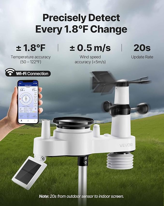 VEVOR 7-in-1 Wi-Fi Weather Station with APP, 7.5-Inch VA Display, Wireless Solar Powered Outdoor Sensor, Rain Gauge, Indoor Outdoor for Weather Forecast, Wind Speed, Temperature, Humidity, Rainfall