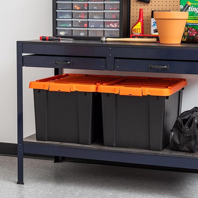 IRIS USA 20 Gallon Lockable Storage Bins with Lids, 2 Pack - Made in USA, Heavy Duty, Stackable Containers, Garage Organizing Bins Moving Tubs, Rugged Sturdy Equipment Utility Box - Black/Orange