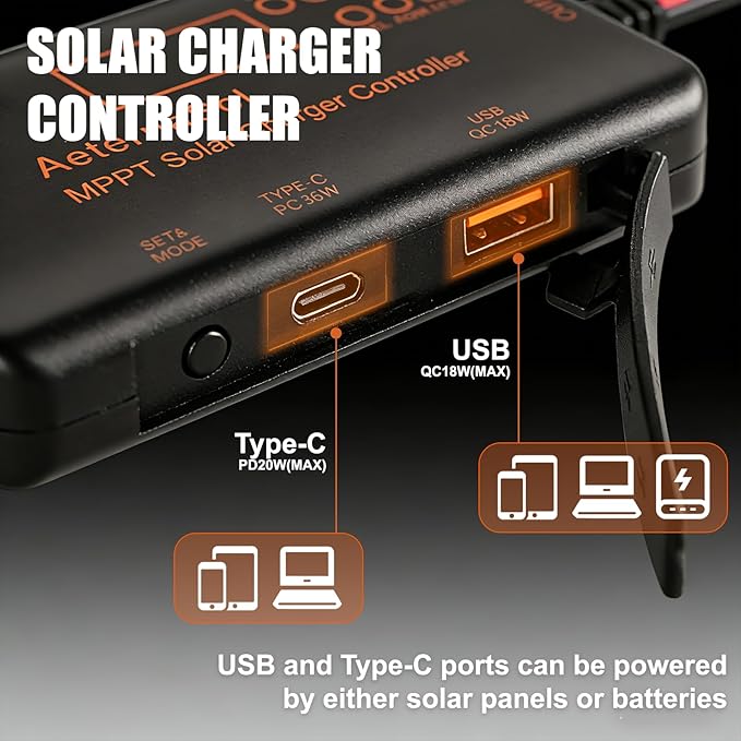 Solar Charge Controller 12V 20A, Solar Panel Charge Controller with Type-C and USB Output for Solar Panel and Gel, AGM, LiFePO₄ Battery (10A MPPT2)