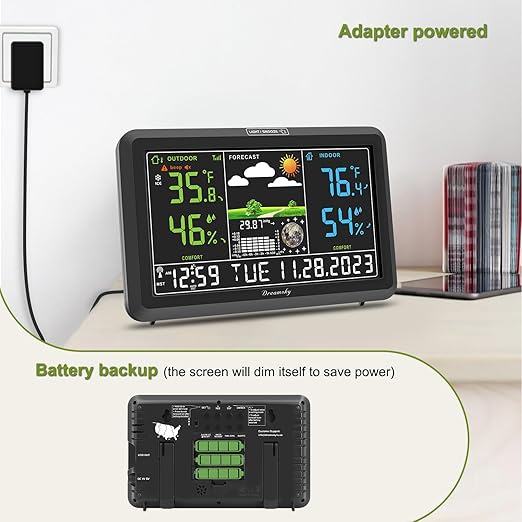 DreamSky Weather Station Indoor Outdoor Thermometer Wireless with Digital Atomic Clock for Home, Large Display with Dimmer, USB Port, Inside Outside Temperature Humidity Monitor (Plug-in)