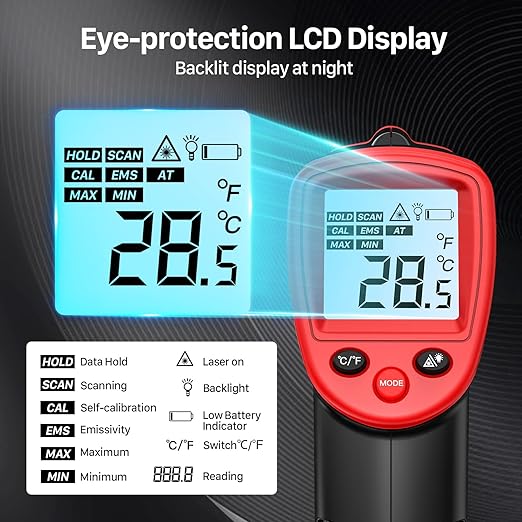 Eventek Infrared Thermometer Gun, Eventek -58°F~932°F Temperature Gun, Laser Thermometer Gun for Cooking, Pizza Oven, Candy, Griddle, Engine, Infrared Thermometer with Adjustable Emissivity & Max Min