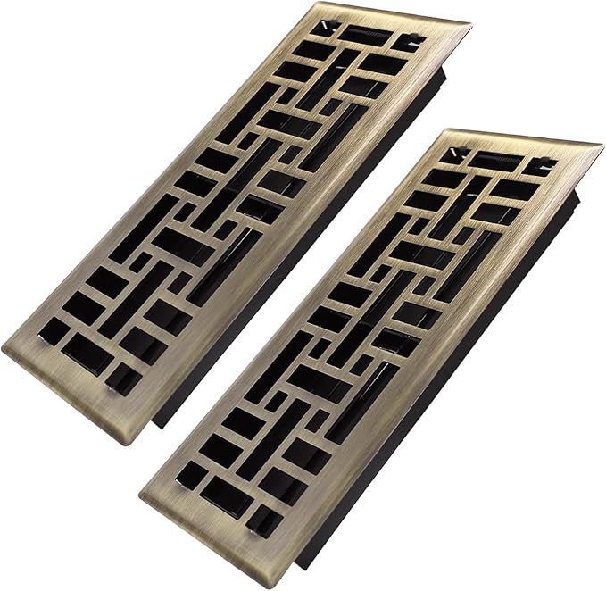 Howeall 4x12 Inches 2 Pack Heavy Duty Walkable Floor Register Easy Adjust Air Supply Lever Floor Vents - Seattle Design - Vent Cover for Home Floor - Antique Brass