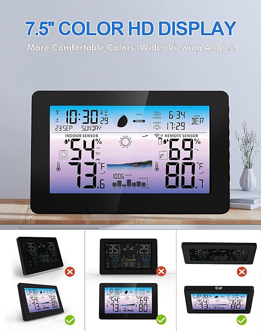 Weather Station Wireless Indoor Outdoor, Digital Thermometer with Accurate Temperature & Humidity, Large Color HD Display with Remote Sensor, Weather Forecast, Atomic Clock, Moon Phase