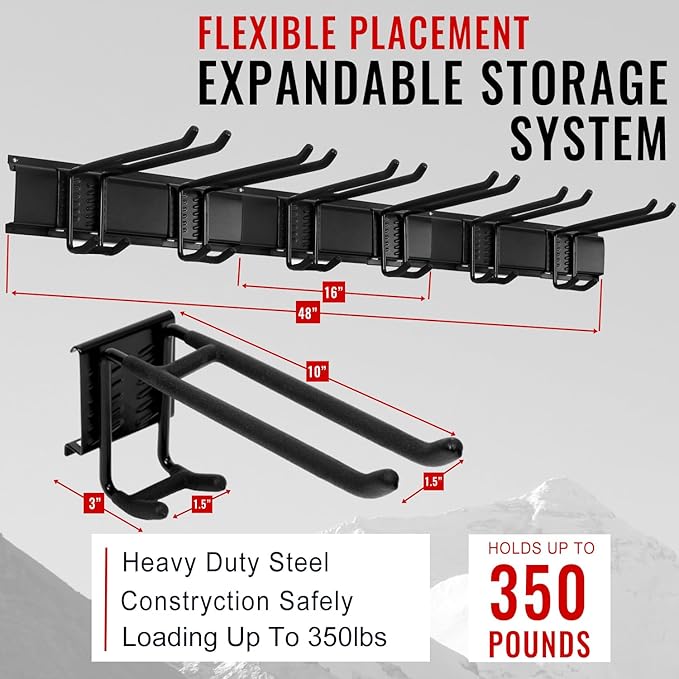 Aking Ace Garage Tool Organizer Wall Mount - Garden Tool Organizer Heavy Duty 48" Storage Rack with 6 Adjustable Hooks, Holds 350lbs, Yard Tool Hanger for Shed Organization