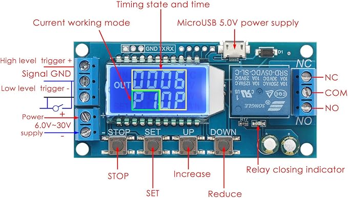 DROK Timer Relay - 5V/12V/24V Time Delay Relay Switch Delay-Off Cycle Timer 0.01s-9999mins with LCD Display Support Micro USB 5V Power Supply