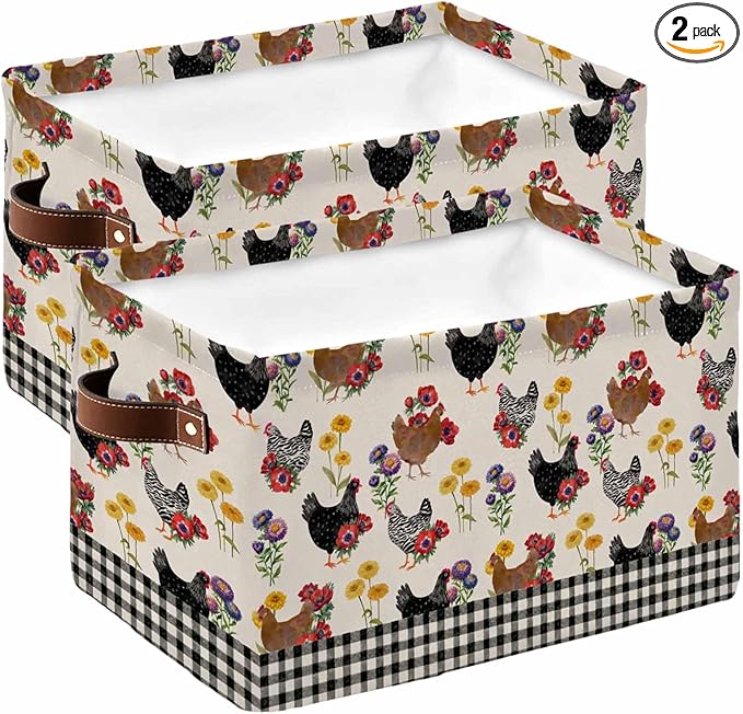 Farmhouse Rooster Storage Bins Cubes Waterproof Cloth Storage Basket,Vintage Watercolor Flowers Black Plaid Foldable Storage Bags for Shelf Clothes Storages Organizers with Handles 15x11x9.5 in 2PCS