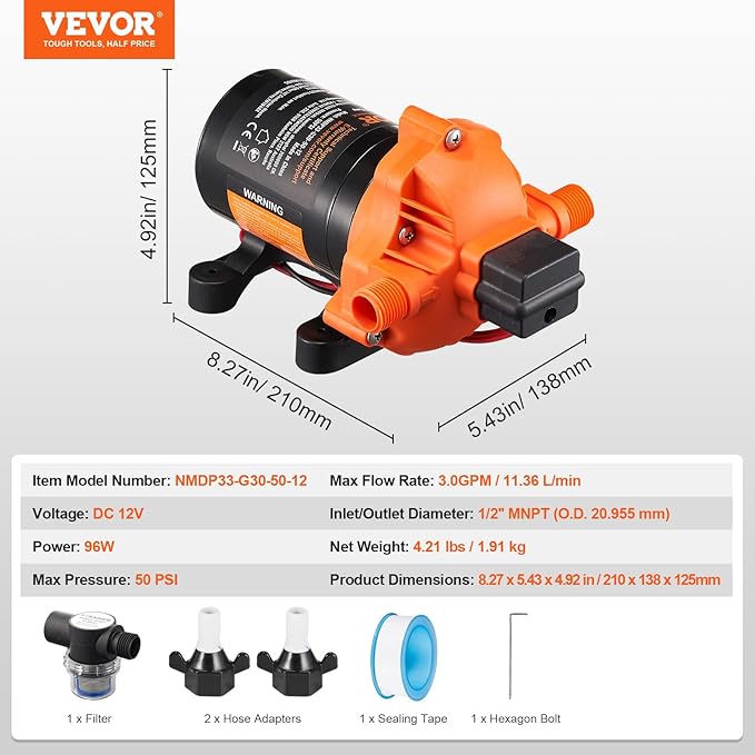 VEVOR 12V Diaphragm Pump, 3 GPM (11.36 L/min), 3-Chamber 12 Volt DC Water Pump with Automatic Pressure Switch 40-100 PSI Adjustable, 50 PSI, 1/2'' MNPT Port, for RV Yacht Food Truck Camper Marine