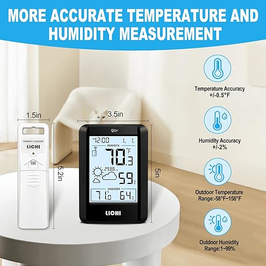 Indoor Outdoor Thermometer Wireless Weather Station External Thermometer Hygrometer Monitor with 330ft Range Remote Sensor, Battery Operated Backlit Display (Black)