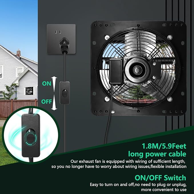 14 Inch Shutter Exhaust Fan,Wall Mount Ventilator Fan with ON/OFF Switch,Attic Vent Fan for Greenhouse, Garage, Gable, Barn, Shed,Chicken Coops Ventilation Fans 1088 CFM,1750RPM