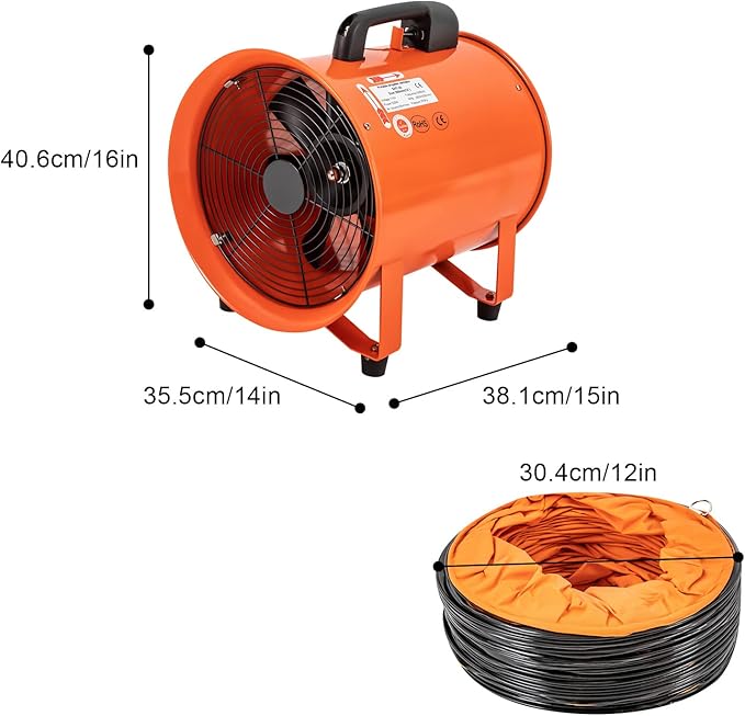 Utility Blower Exhaust Fan, 12 Inch Heavy Duty Cylinder Axial Fan with 16 ft / 5 m Duct Hose 3300RPM High Velocity Low Noise Extraction and Ventilation Fan for Crawl Spaces, Attics, Basements