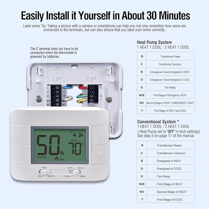 Garystat Non-Programmable Heat Pump Thermostat for House 2 Heat/1 Cool, with Temperature & Humidity Monitor and Large Green LCD