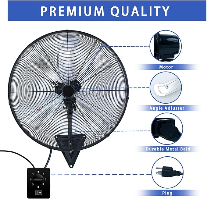 30" Wall Mount Fan, 9500CFM Heavy Duty Wall Fan with 3-Speed & Adjustable Tilt, 30 Inch High Velocity Industrial Oscillating Fans for Garage, Factory, Patio, Indoor, Porch, Shop & Commercial Use