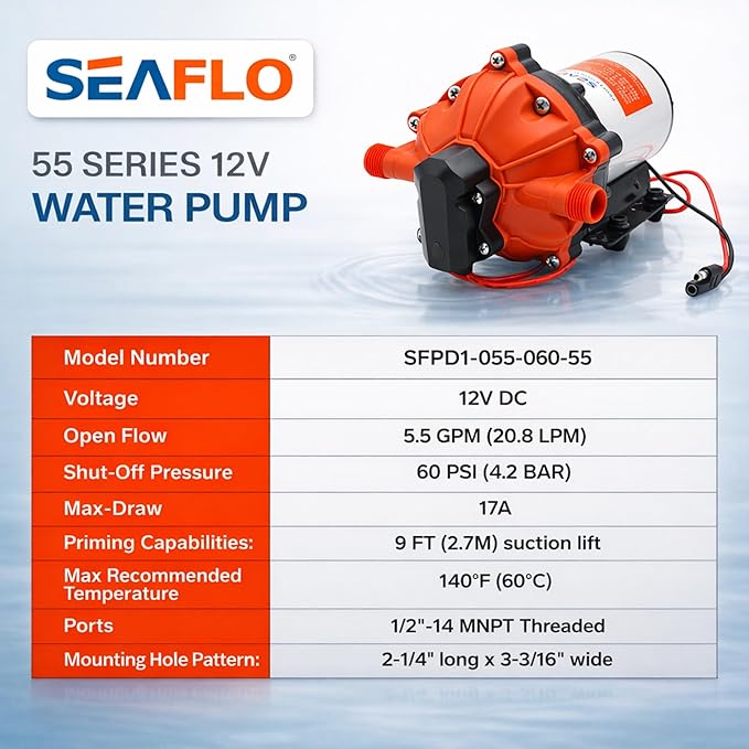 SEAFLO 55 Series 12V RV Water Pump 5.5 GPM 60 PSI Diaphragm Pump Heavy Duty Pressure Switch Built In Bypass Self Priming Quiet High Flow RV Marine Off Grid Freshwater System 4-Year Warranty