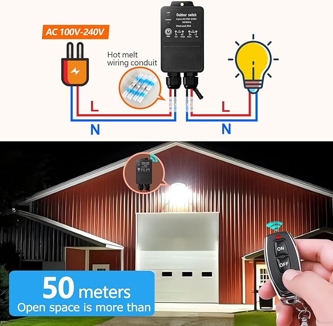 DieseRC Waterproof Wireless Remote Control Radio Control Switch AC 110V/120V/240V 30A Relay Receiver for Wet Location Outdoor Yard Area Light Water Pump Farm Irrigation Roof Garden Street Warehouse