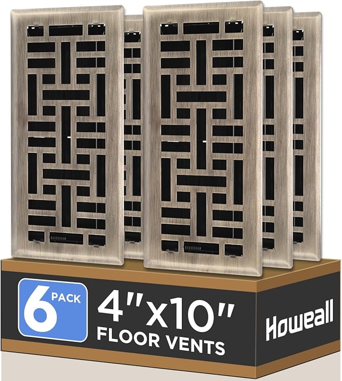 Howeall 4x10 Inches 6 Pack Heavy Duty Walkable Floor Register - Easy Adjust Air Supply Lever Decorative Floor Vent Covers, Seattle Design Vent Covers for Home - Antique Brass