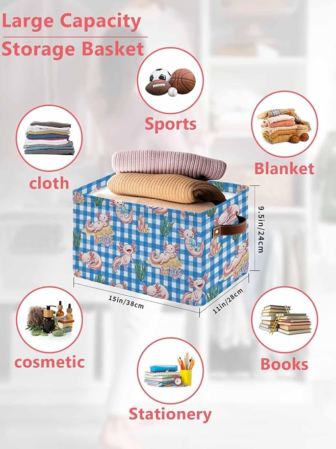 Pink Animals Coastal Storage Bins Cubes Waterproof Cloth Storage Basket, Blue Checkered Farmhouse Ocean Foldable Storage Bags for Shelf Closet Clothes Organizers with Handles 15x11x9.5 in 1PCS