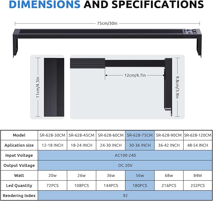 SEAOURA 24/7 LED Aquarium Light for 30-36 Inch Fish Tank, Auto On Off with Timer, 9 Colors, Adjustable Brightness, Daylight Moonlight Mode, Full Spectrum Fish Tank Light for Plants
