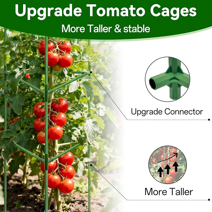 Halatool 6 Pack Heavy Duty Tomato Cages, 57 Inch Tall Metal Plant Supports Stakes for Outdoor Garden, Adjustable Foldable Steel Trellis for Climbing Plants Cucumbers Peppers Flowers Vegetables Fruits