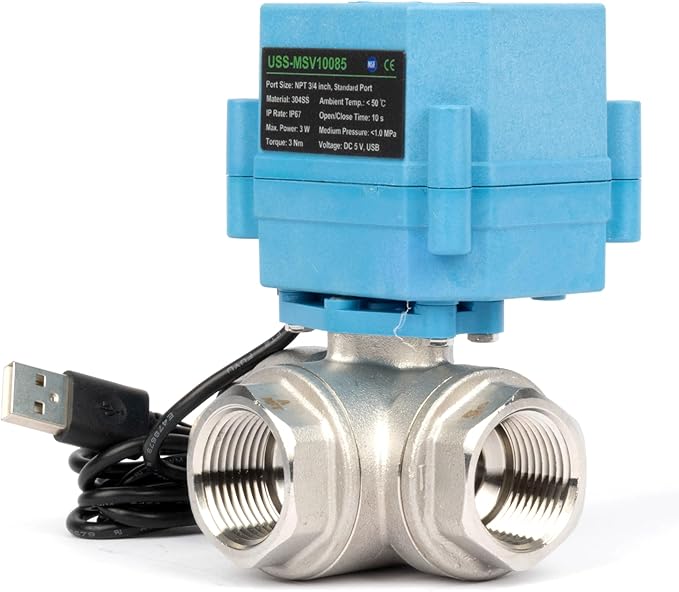 U.S. Solid WiFi Smart Motorized Ball Valve 3/4 inch NPT for Water Control & Irrigation, 3 Way 304SS Electric Valve, USB Plug, LED Indicator, Flow Direction Window, Remote On/Off Control, NSF Certified