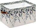 Blue Grey Eucalyptus Storage Bins Cubes Waterproof Cloth Storage Basket,Farmhouse Weeping Leaves on Linen Foldable Storage Bags for Shelf Clothes Storages Organizers with Handles 15x11x9.5 in 1PCS