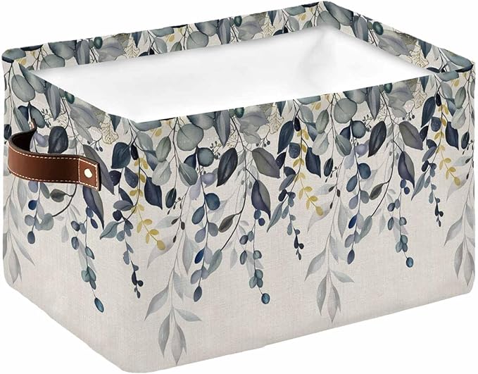 Blue Grey Eucalyptus Storage Bins Cubes Waterproof Cloth Storage Basket,Farmhouse Weeping Leaves on Linen Foldable Storage Bags for Shelf Clothes Storages Organizers with Handles 15x11x9.5 in 1PCS