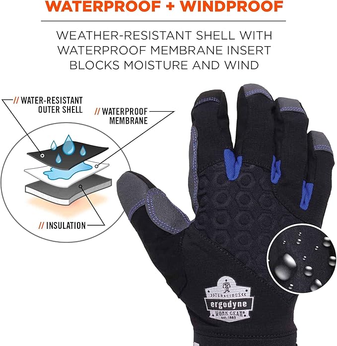 Ergodyne ProFlex 817WP Waterproof Work Gloves, Thermal Insulated, Touchscreen, Reinforced Palms,Black,XX-Large