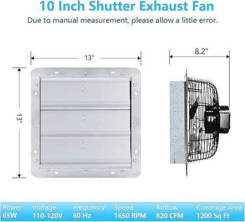 10 inch Shutter Exhaust Fan with Speed & Thermostat Control, 1200 SQ.Ft Coverage Area, 820 CFM, Upgrade Wall Mount Attic Vent Fan for Greenhouse, Garage, Chicken Coops Ventilation Fans