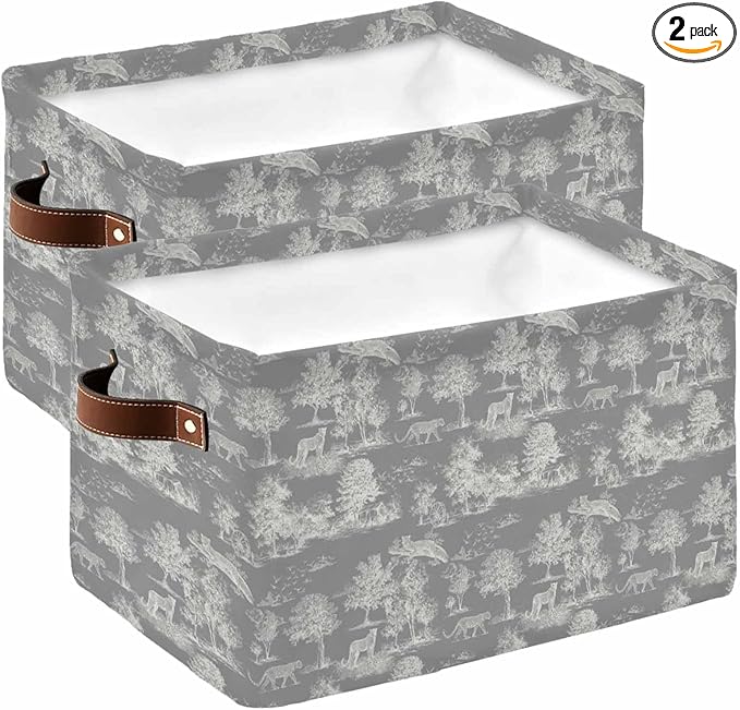 Tiger Leopard Storage Bins Cubes Waterproof Cloth Storage Basket, Grey Rustic Forest Trees Farmhouse Animals Foldable Storage Bags for Shelf Closet Clothes Organizers with Handles 15x11x9.5 in 2PCS
