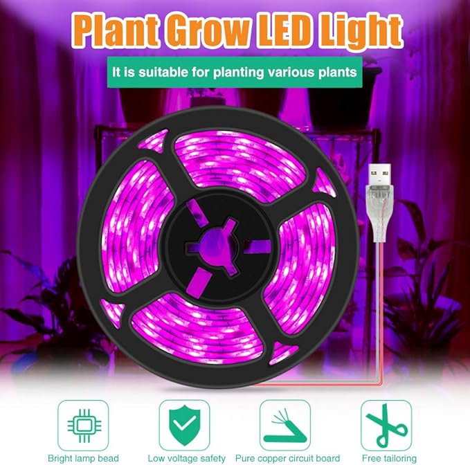 Plant Grow Light Strip 2835 SMD IP66 Waterproof Full Spectrum LED Light for Indoor Plants, Greenhouse, Aquarium, Garden, Flowers, Veg - USB Interface