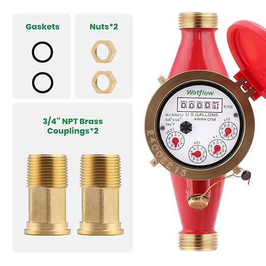 Watflow DN20 Water Meter 3/4" NPT,AWWA C708 Certification Gallon Water Flow Meter, Cold and Hot Water Meter for Garden/Home/Apartment, Horizontal Install.