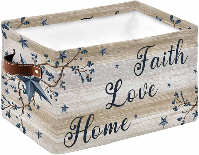 Vintage Country Storage Bins Cubes Waterproof Cloth Storage Basket,Blue Rustic Texas Star Vines Wooden Grain Foldable Storage Bags for Shelf Clothes Storages Organizers with Handles 15x11x9.5 in 1PCS