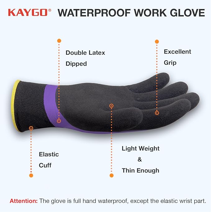 KAYGO Waterproof Work Gloves for Men and Women, Rubber Coated Non-slip Working Gloves for Garden, Outdoor Construction,KG150 (Purple, XL)