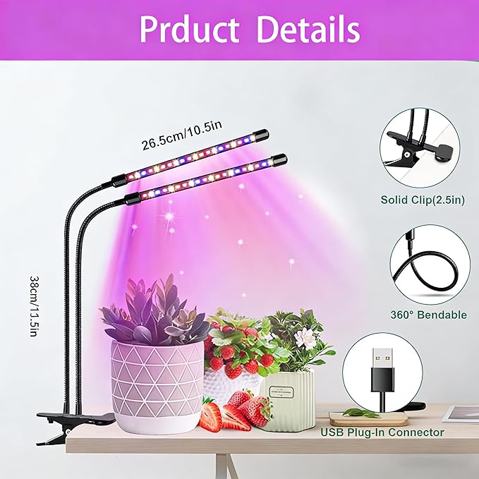 Grow Lights for Indoor Plants 2 Heads Full Spectrum, Flexible Gooseneck Clip On Plant Light 40 LEDs, 3/9/12H Auto Timer 3 Modes 10 Brightness Levels for Seed Starting, Flowers & Vegetables