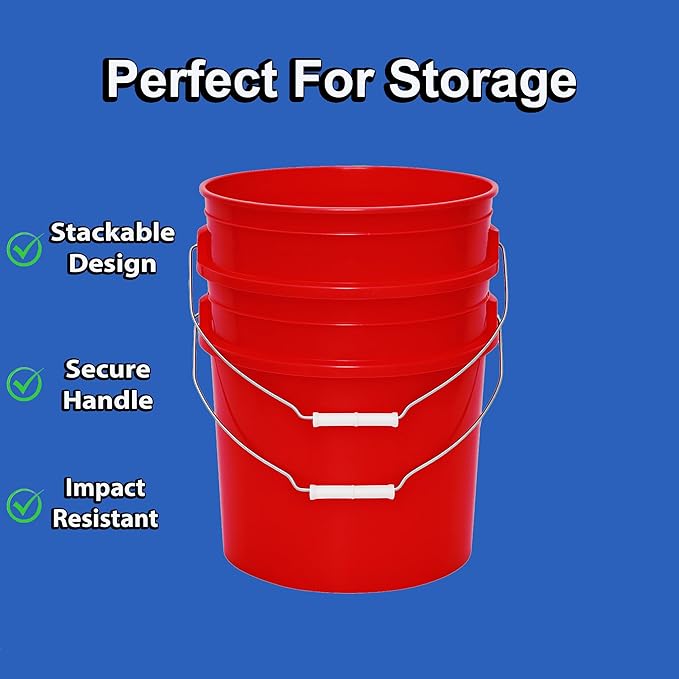 MKS Plastics 5-Gallon Bucket with Airtight Lid – Made in USA, Food Grade BPA Free Plastic, Heavy Duty Multi-Use, Metal Handle with Grip, Stackable Storage – Red, 3 Pack