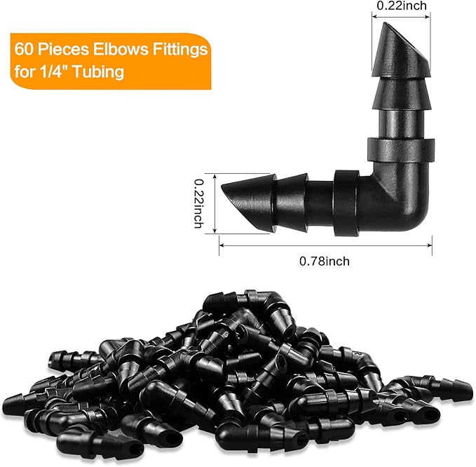1/4" Drip Irrigation Elbow Fittings, 60 Pieces Barbed Corner 90 Elbow Connectors for 1/4 Inch Irrigation Tubing, Drip Line Elbows Parts for Garden Lawn Irrigation System