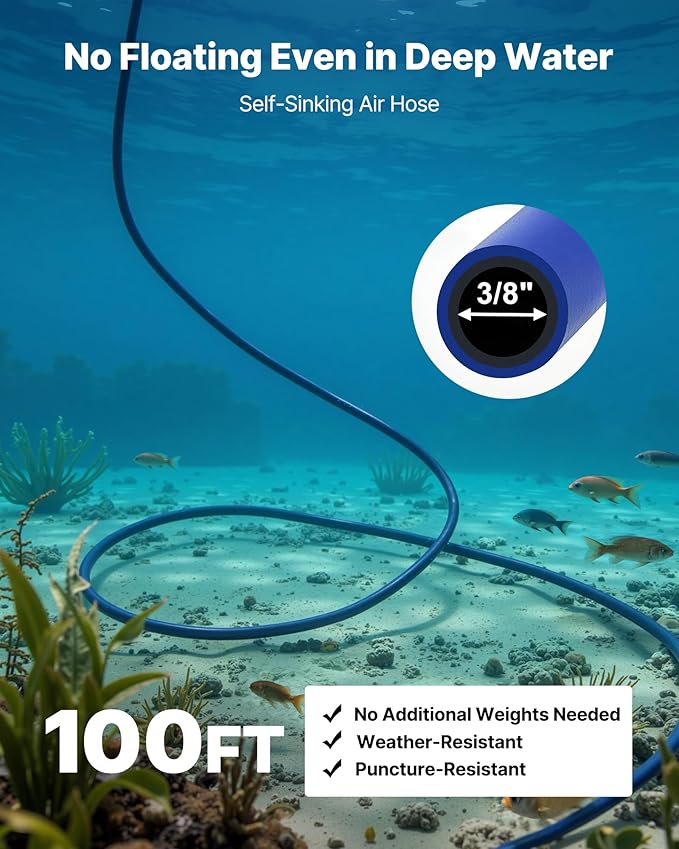 VEVOR Pond Aerators, 5.2CFM Aeration System for Lake up to 3 Acres, 3/4 HP Air Compressor, 2 Diffusesr & Two100' Weighted Tubings, Aeration Pump for Outdoor Ponds & Lakes Deep Water Oxygen Circulation