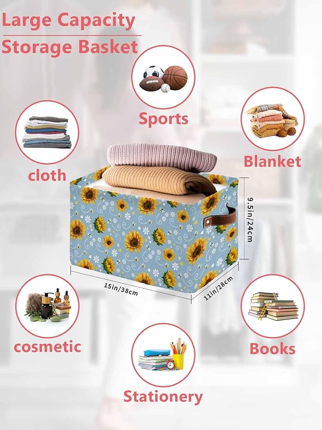 Blue Yellow Sunflower Storage Bins Cubes Waterproof Cloth Storage Basket,Summer Botanical Farmhouse Floral Foldable Storage Bags for Shelf Clothes Storages Organizers with Handles 15x11x9.5 in 2PCS