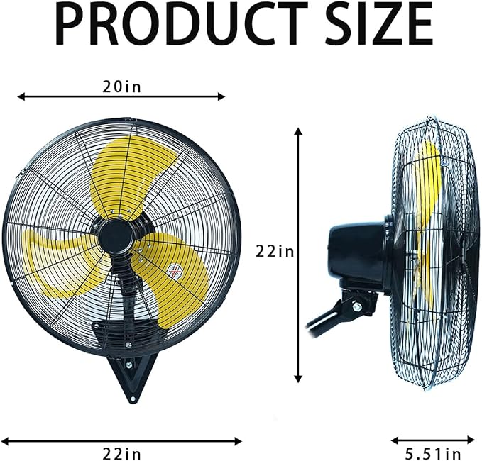20" Wall Mount Fan, 7100CFM Heavy Duty Wall Fan with 3-Speed & Adjustable Tilt, High Velocity Industrial Oscillating Fans for Garage, Factory, Patio, Indoor, Porch, Shop & Commercial Use - ETL Listed