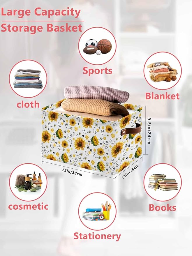 Sunflower Storage Bins Cubes Waterproof Cloth Storage Basket, Summer Botanical Farmhouse Floral Elegant Foldable Storage Bags for Shelf Clothes Storages Organizers with Handles 15x11x9.5 in 2PCS