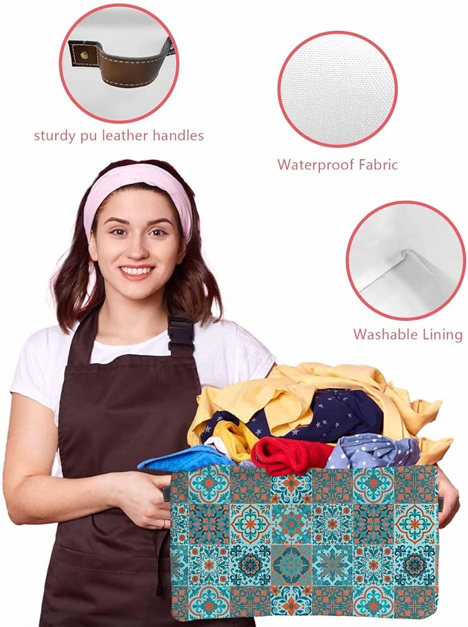 Retro Middle Century Storage Bins Cubes Waterproof Cloth Storage Basket,Rustic Bohemia Style Aztec Blue Foldable Storage Bags for Shelf Clothes Storages Organizers with Handles 15x11x9.5 in 1PCS