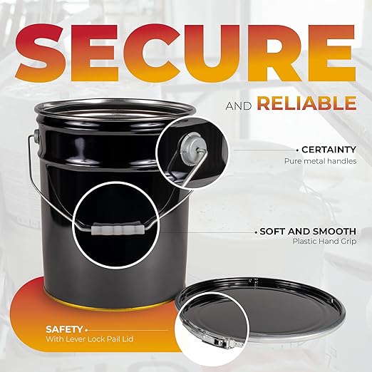 ATERET 5 Gallon Black Metal Bucket & Lever Lock Pail Lid, Heavy Duty Durable Pails and Lids for Outdoor and Household Use (12 Pack)