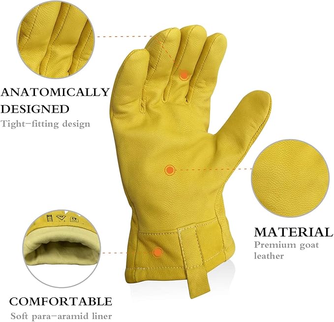 ARC FLASH Safety Gloves, Cut-Resistant Goat Skin with Para-Aramid Liner for Work, Handling, Driving