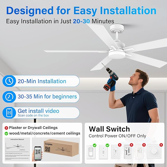 Lorpies 60” Smart Ceiling Fan with Lights Remote,Control via Alexa Google Voice App Wifi,Silent DC Motor,Dimmable,Outdoor Indoor Modern Ceiling Fans for Large Bedroom Patio Porch,White and Wood