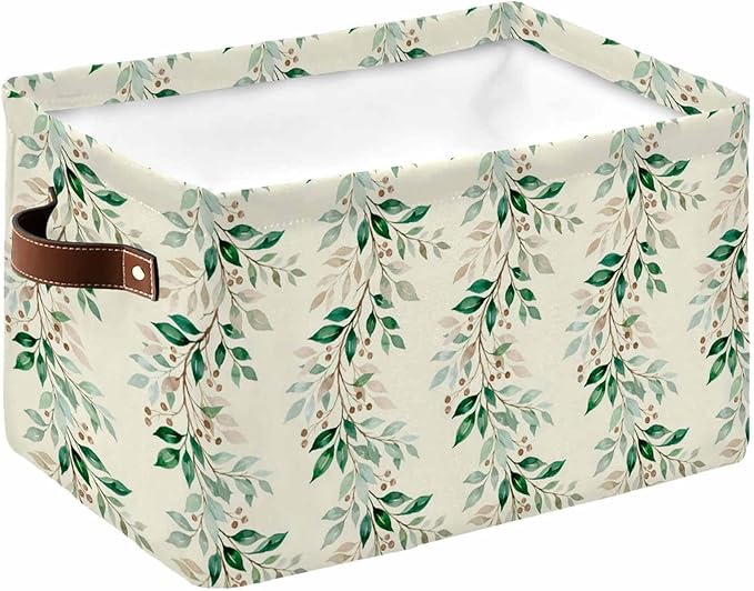 Weeping Leaves Storage Bins Cubes Waterproof Cloth Storage Basket, Summer Green Branch Berry Farmhouse Foldable Storage Bags for Shelf Closet Clothes Organizers with Handles 15x11x9.5 in 1PCS