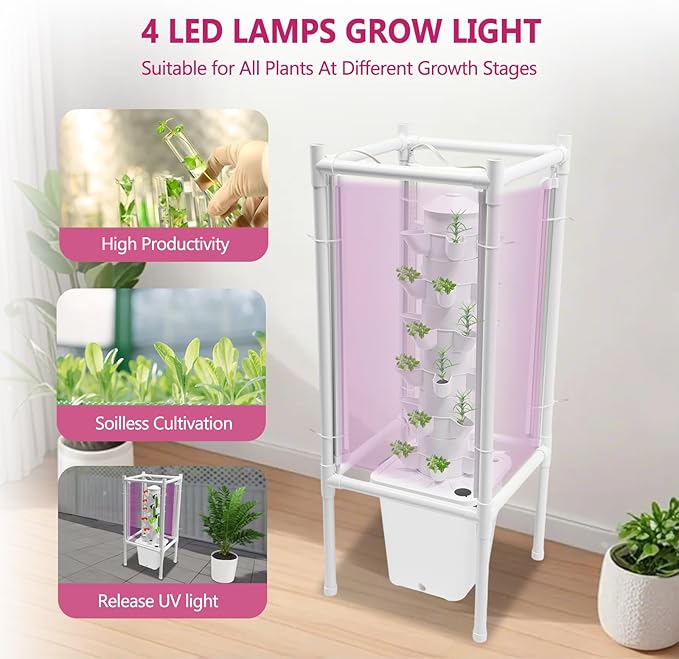 30-Plant Hydroponics Tower Vertical Growing System Kit, Indoor Garden Planter Herb Garden with LED Grow Light, Hose and Water Pump, Vertical Planter Germination Kit for Fruits Vegetables (White)