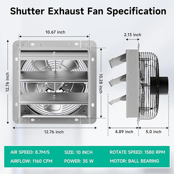 10 Inch Shutter Exhaust Fan, 5-Blade 1160 CFM Wall Vent Fan with Ball Bearing Motor, Automatic Shutter, Built-in Switch for Garage Shed Greenhouse Ventilation